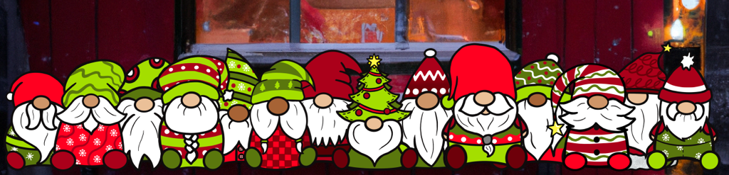 Christmas Gnomes standing in front of Santa's Workshop