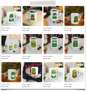 Collection of 12 St Patricks Day Gnome mugs as shown on Shopify